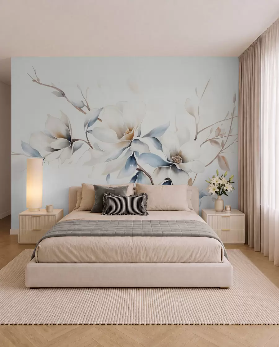 murais de parede Delicadas flores de magnólia brancas com pétalas azuis suaves em um fundo claro, imitação de aquarela e minimalismo  w08644