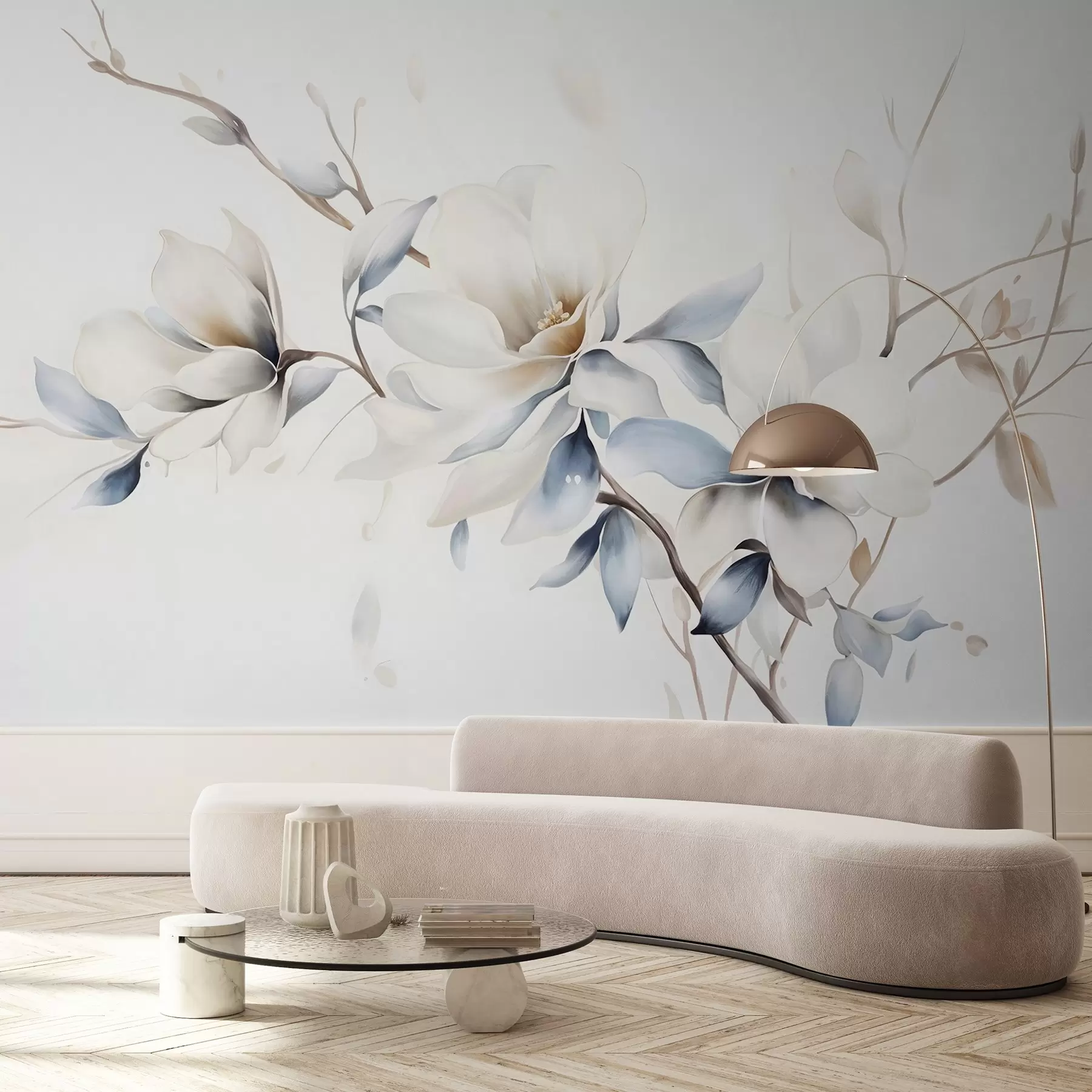 murais de parede Delicadas flores de magnólia brancas com pétalas azuis suaves em um fundo claro, imitação de aquarela e minimalismo  w08644