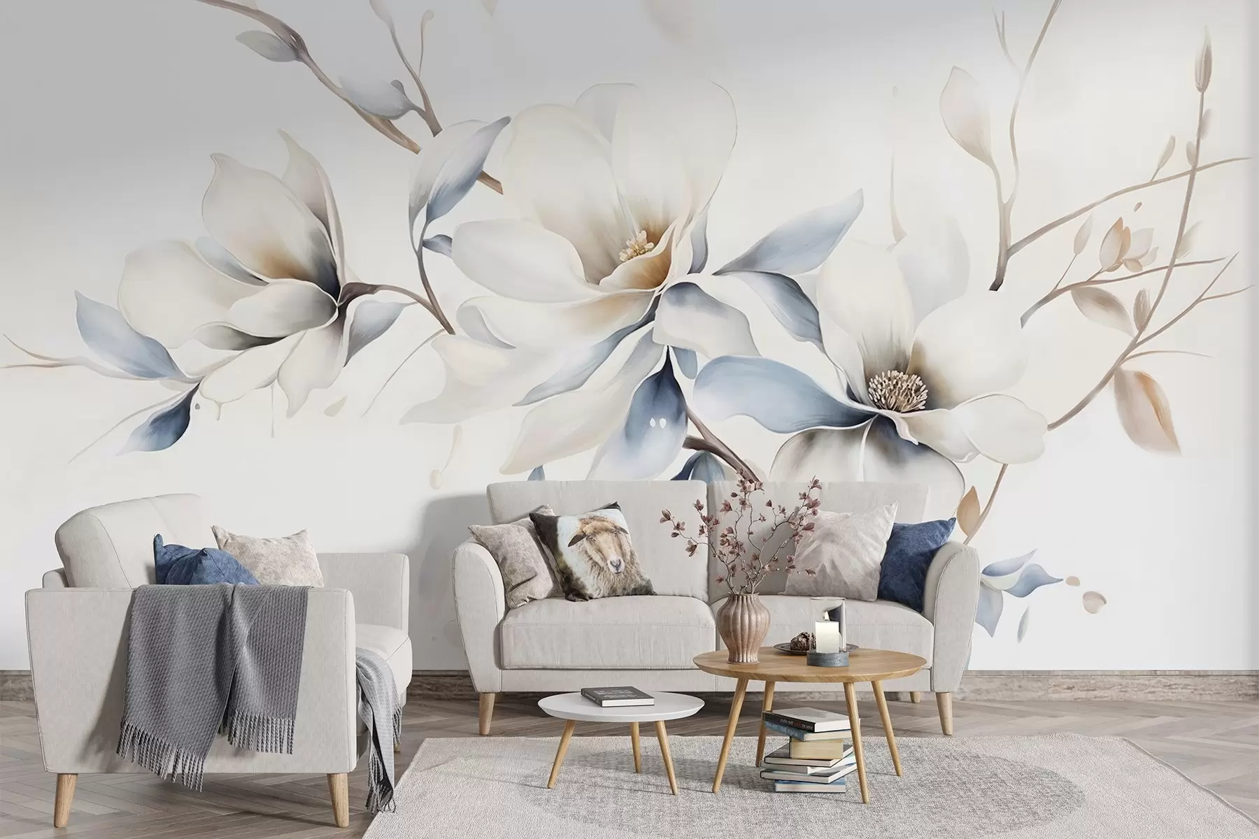 murais de parede Delicadas flores de magnólia brancas com pétalas azuis suaves em um fundo claro, imitação de aquarela e minimalismo  w08644