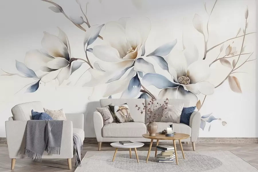 murais de parede Delicadas flores de magnólia brancas com pétalas azuis suaves em um fundo claro, imitação de aquarela e minimalismo  w08644