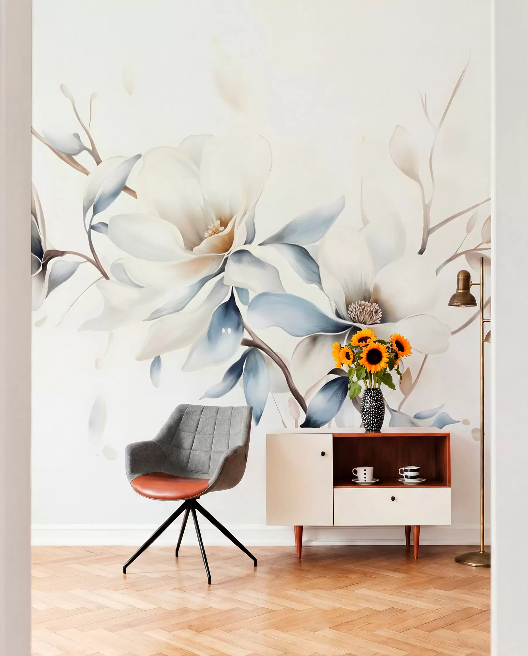 murais de parede Delicadas flores de magnólia brancas com pétalas azuis suaves em um fundo claro, imitação de aquarela e minimalismo  w08644