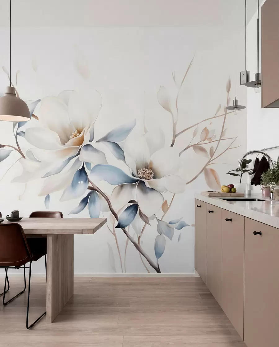 murais de parede Delicadas flores de magnólia brancas com pétalas azuis suaves em um fundo claro, imitação de aquarela e minimalismo  w08644