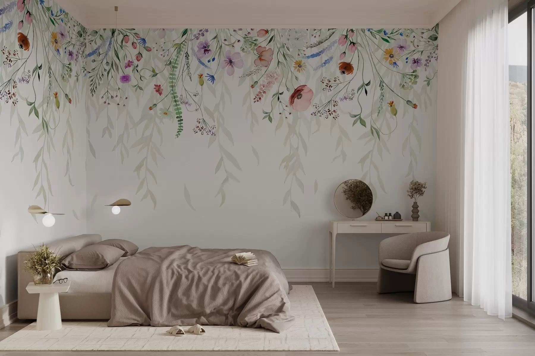 murais de parede Uma estampa floral colorida em cascata com várias flores, folhas e plantas em estilo aquarela   w08646