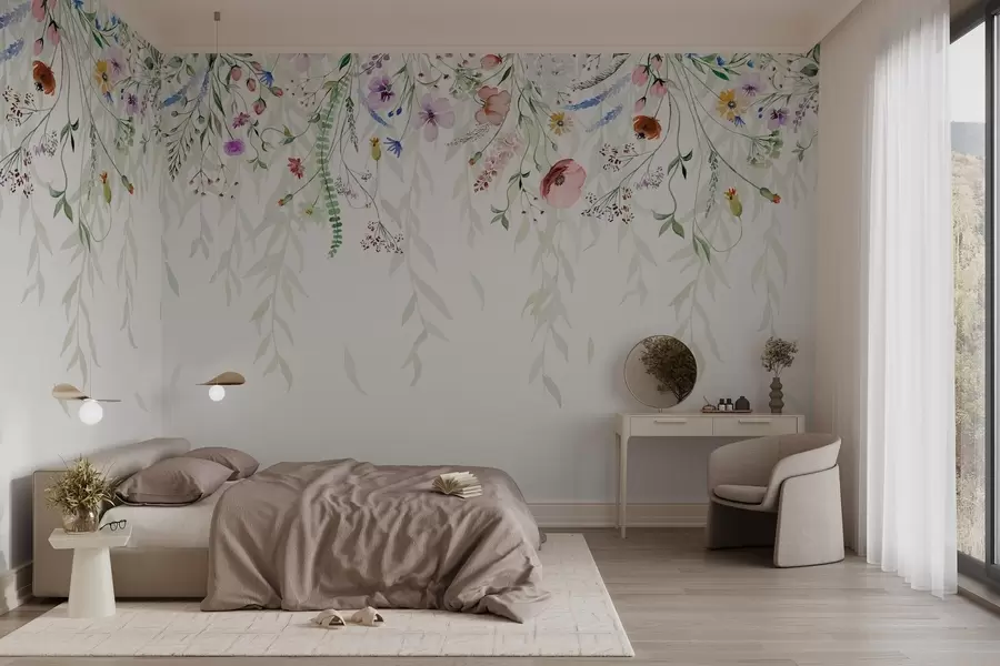 murais de parede Uma estampa floral colorida em cascata com várias flores, folhas e plantas em estilo aquarela   w08646
