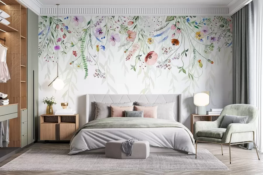 murais de parede Uma estampa floral colorida em cascata com várias flores, folhas e plantas em estilo aquarela   w08646
