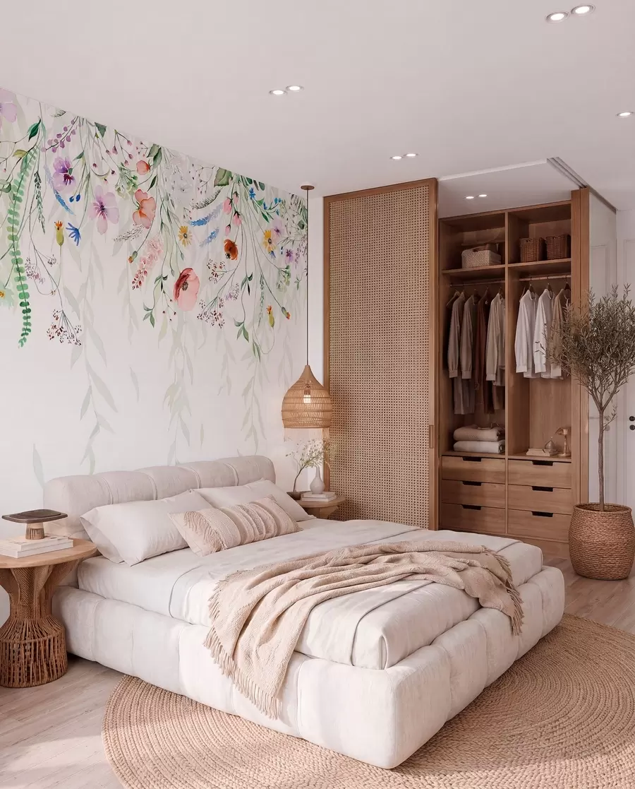 murais de parede Uma estampa floral colorida em cascata com várias flores, folhas e plantas em estilo aquarela   w08646