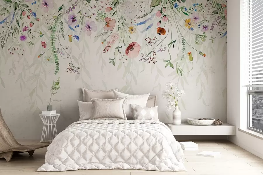 murais de parede Uma estampa floral colorida em cascata com várias flores, folhas e plantas em estilo aquarela   w08646