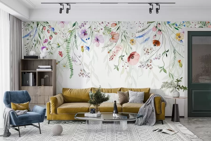 murais de parede Uma estampa floral colorida em cascata com várias flores, folhas e plantas em estilo aquarela   w08646