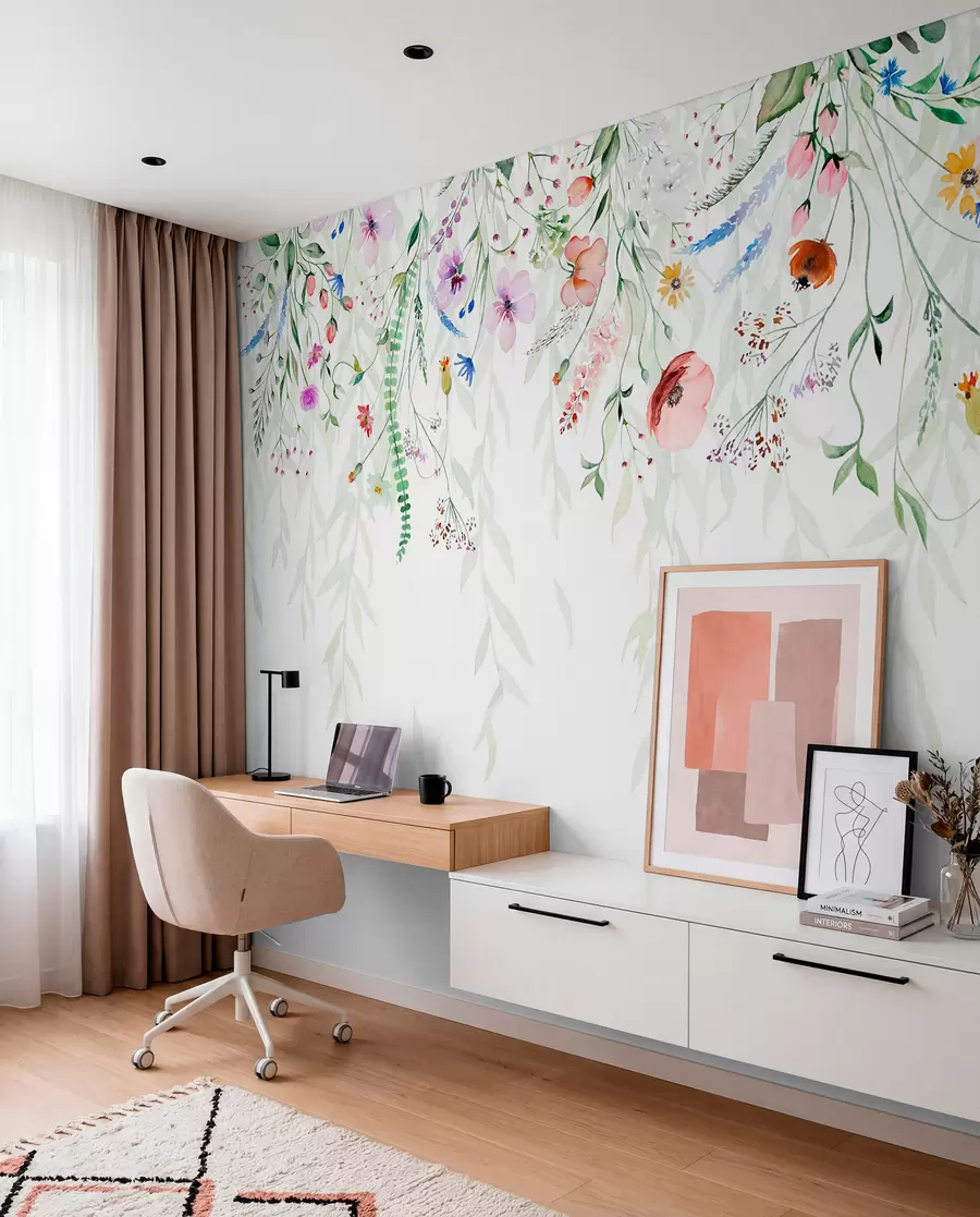 murais de parede Uma estampa floral colorida em cascata com várias flores, folhas e plantas em estilo aquarela   w08646