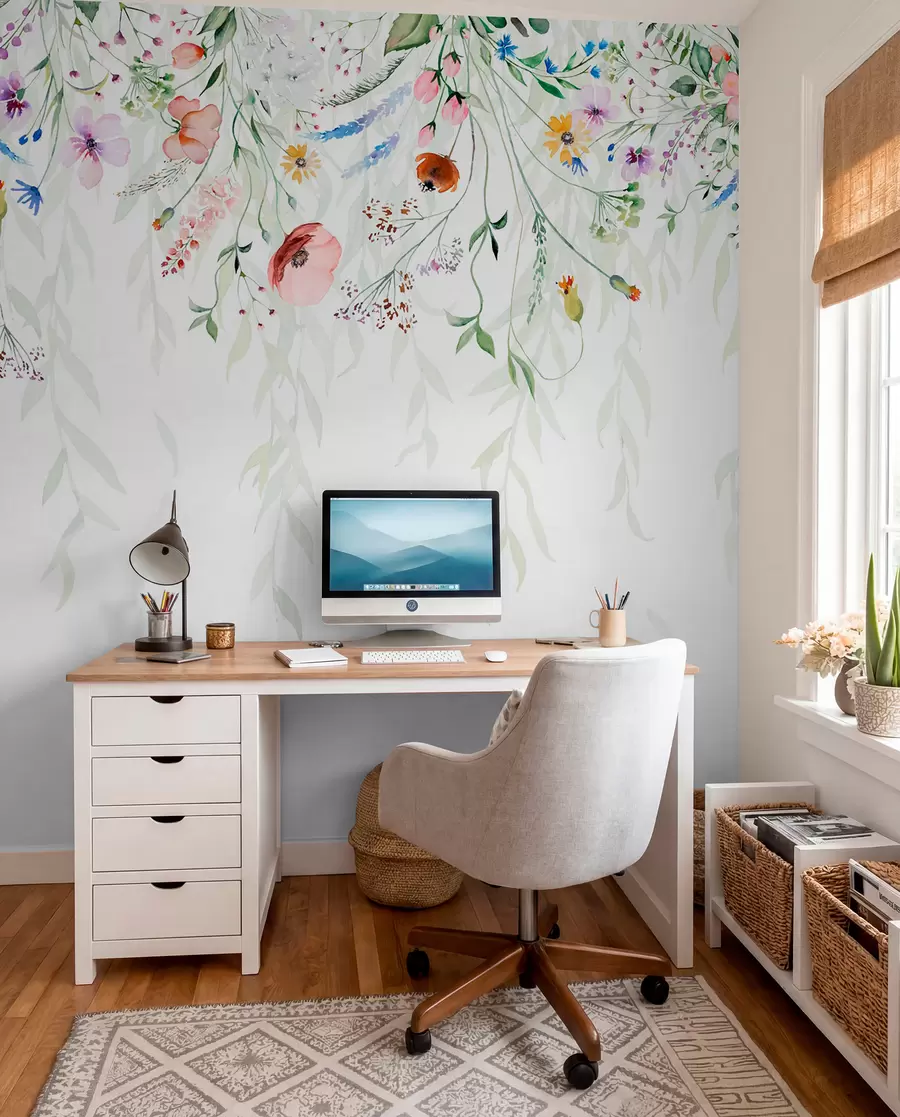 murais de parede Uma estampa floral colorida em cascata com várias flores, folhas e plantas em estilo aquarela   w08646