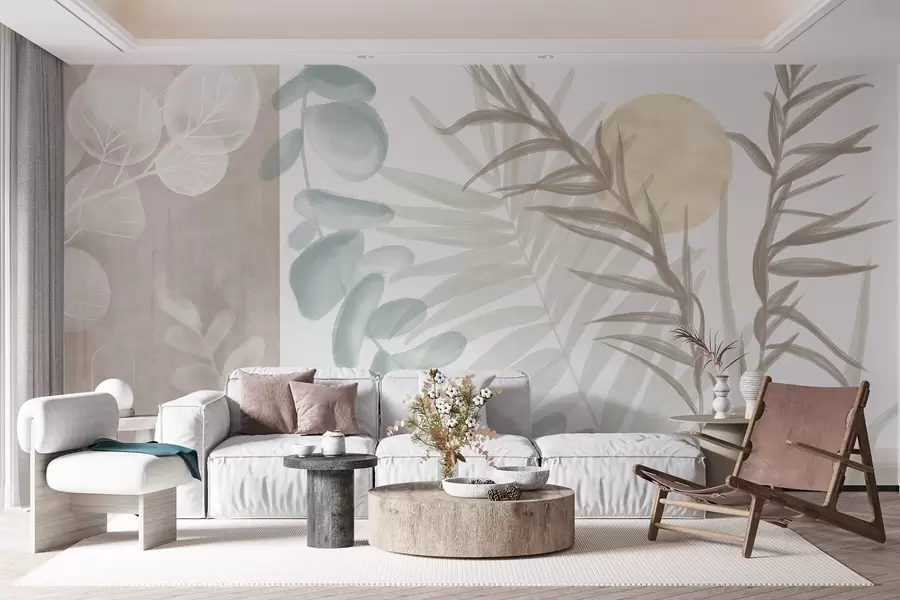 murais de parede Uma estampa abstrata minimalista com folhas estilizadas e eucaliptos com formas orgânicas suaves e bege em tons pastéis suaves w08648