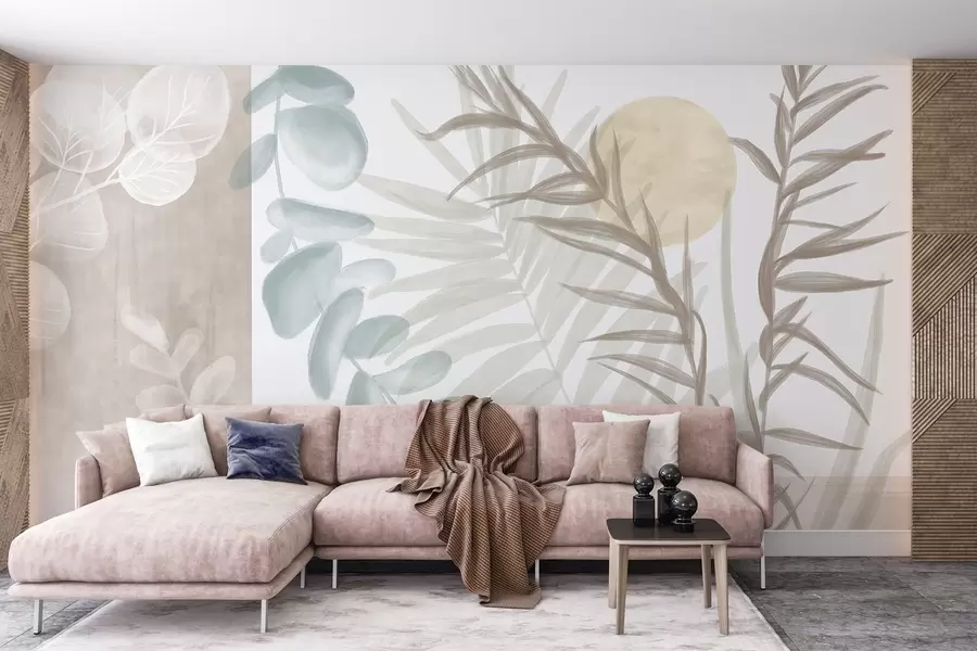 murais de parede Uma estampa abstrata minimalista com folhas estilizadas e eucaliptos com formas orgânicas suaves e bege em tons pastéis suaves w08648