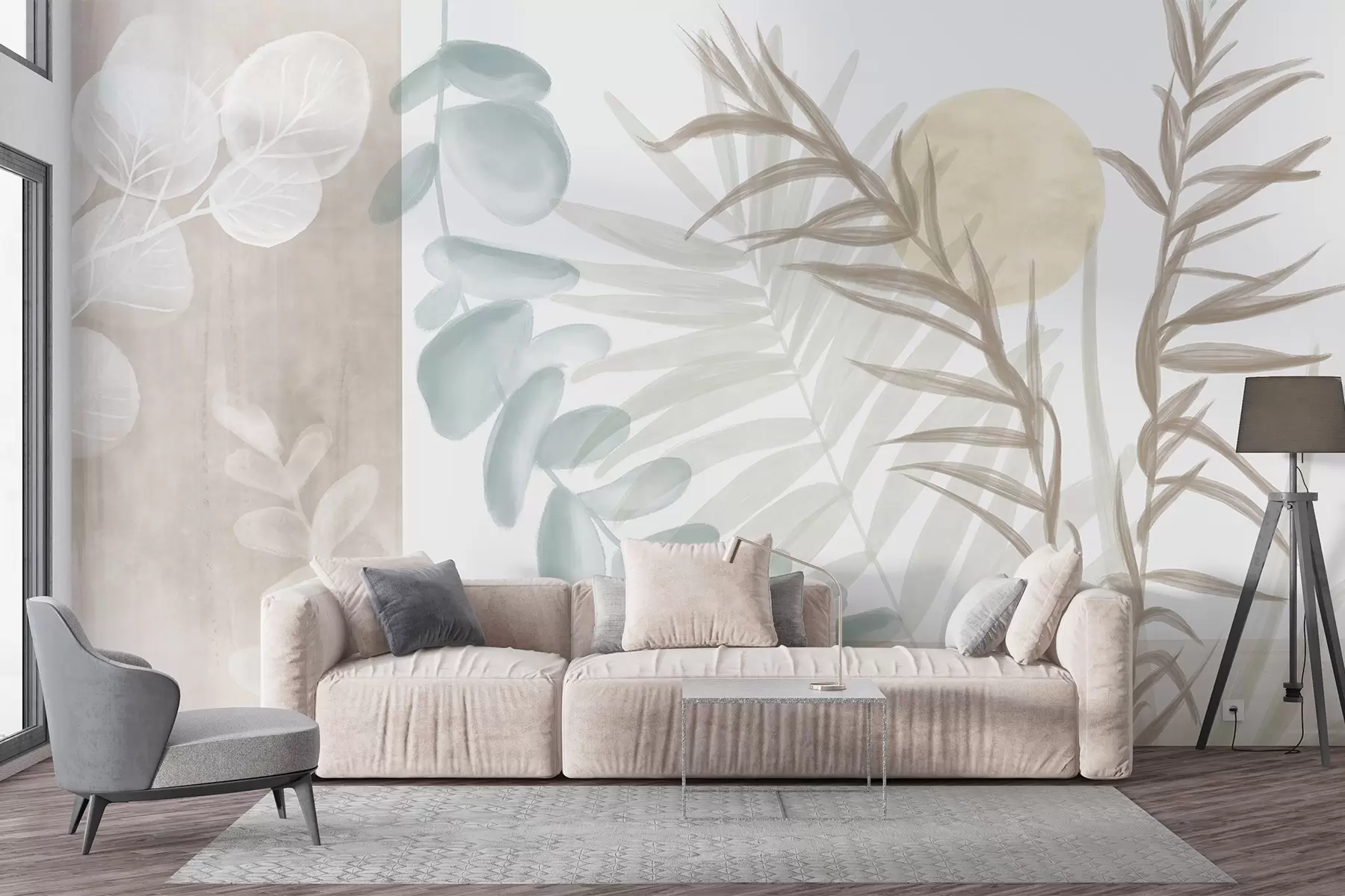murais de parede Uma estampa abstrata minimalista com folhas estilizadas e eucaliptos com formas orgânicas suaves e bege em tons pastéis suaves w08648