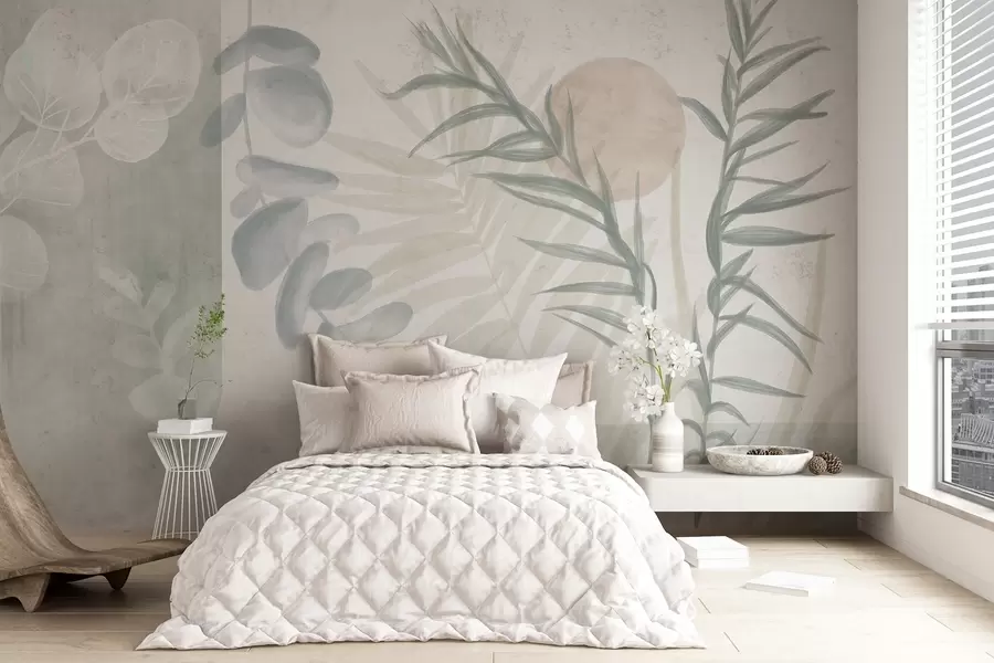 murais de parede Uma estampa abstrata minimalista com folhas estilizadas e eucaliptos com formas orgânicas azuis e suaves em cores pastéis suaves w08648v1