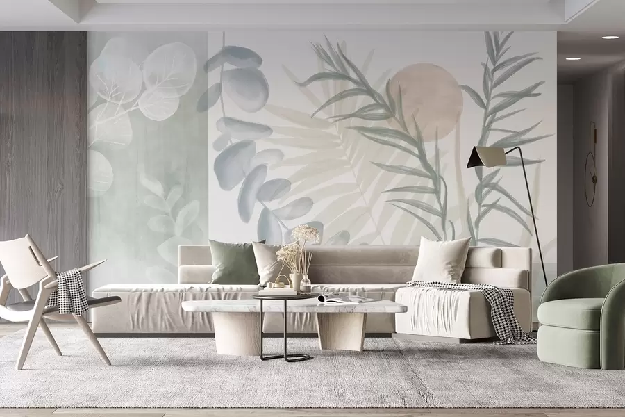 murais de parede Uma estampa abstrata minimalista com folhas estilizadas e eucaliptos com formas orgânicas azuis e suaves em cores pastéis suaves w08648v1