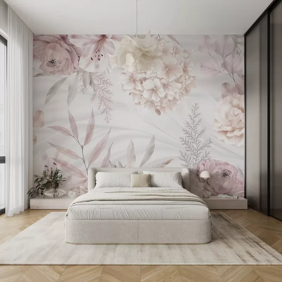 murais de parede Uma estampa floral abstrata e suave com grandes flores rosas e brancas, folhas delicadas e uma paleta de cores pastéis e suaves w08651