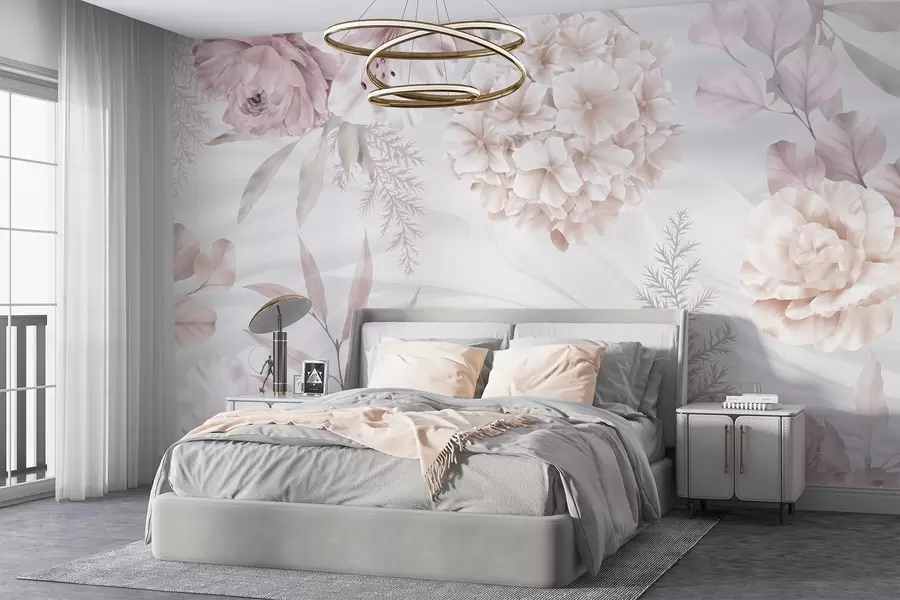 murais de parede Uma estampa floral abstrata e suave com grandes flores rosas e brancas, folhas delicadas e uma paleta de cores pastéis e suaves w08651