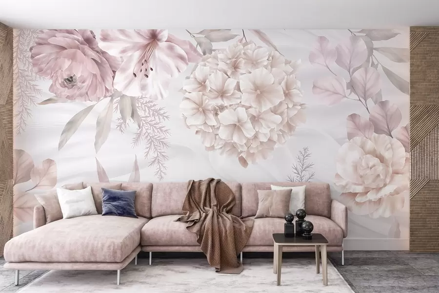 murais de parede Uma estampa floral abstrata e suave com grandes flores rosas e brancas, folhas delicadas e uma paleta de cores pastéis e suaves w08651