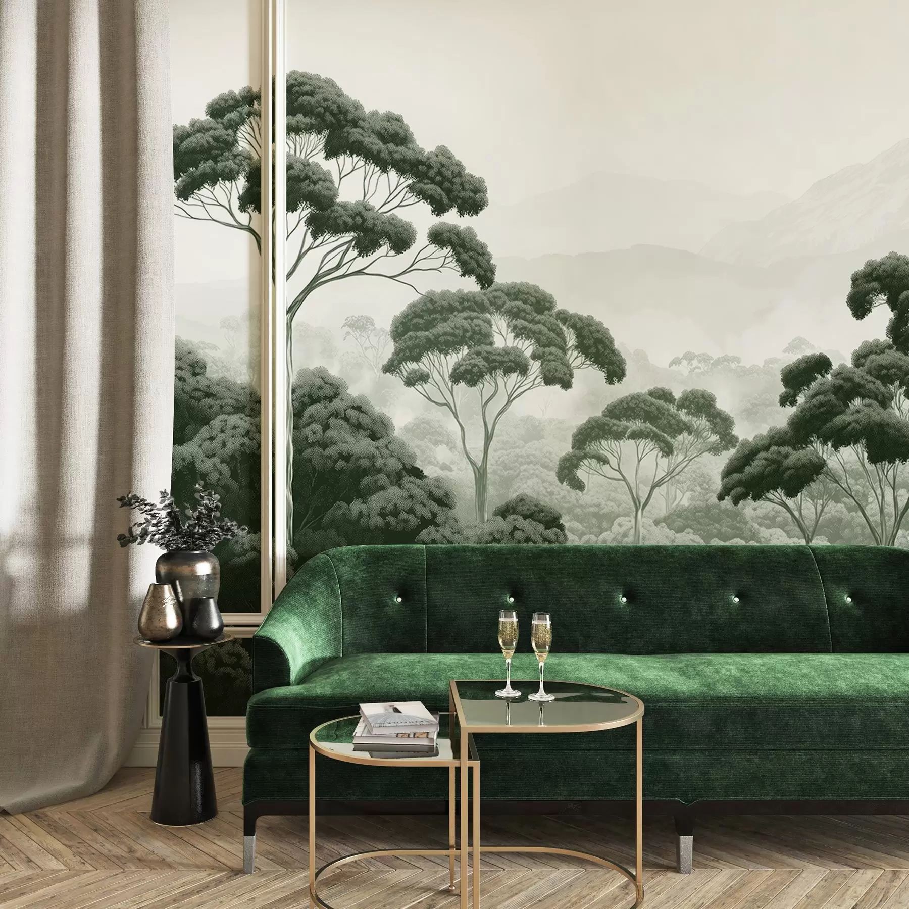 murais de parede Floresta na selva, montanhas, tropical, natureza, árvores grandes, cores verde-escuras w02739v1