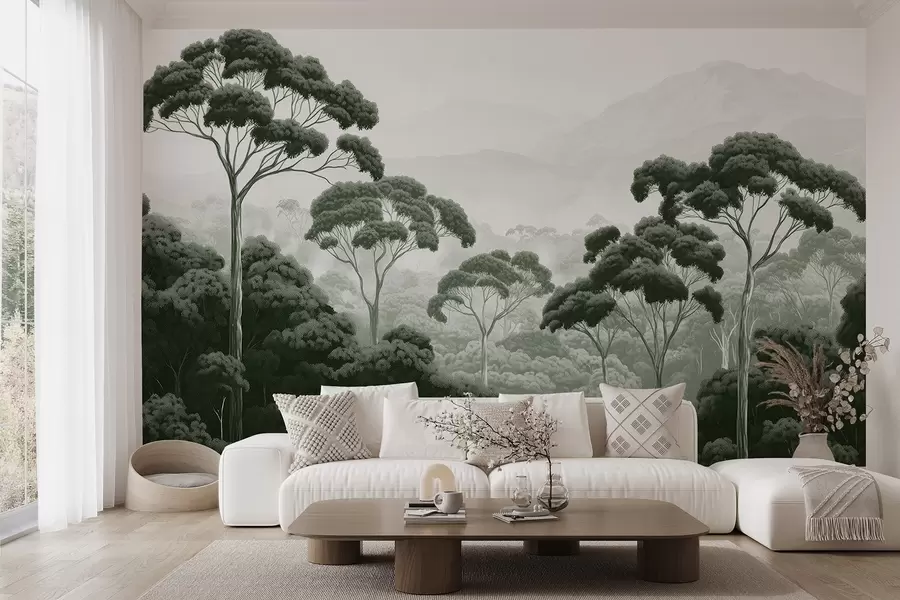murais de parede Floresta na selva, montanhas, tropical, natureza, árvores grandes, cores verde-escuras w02739v1
