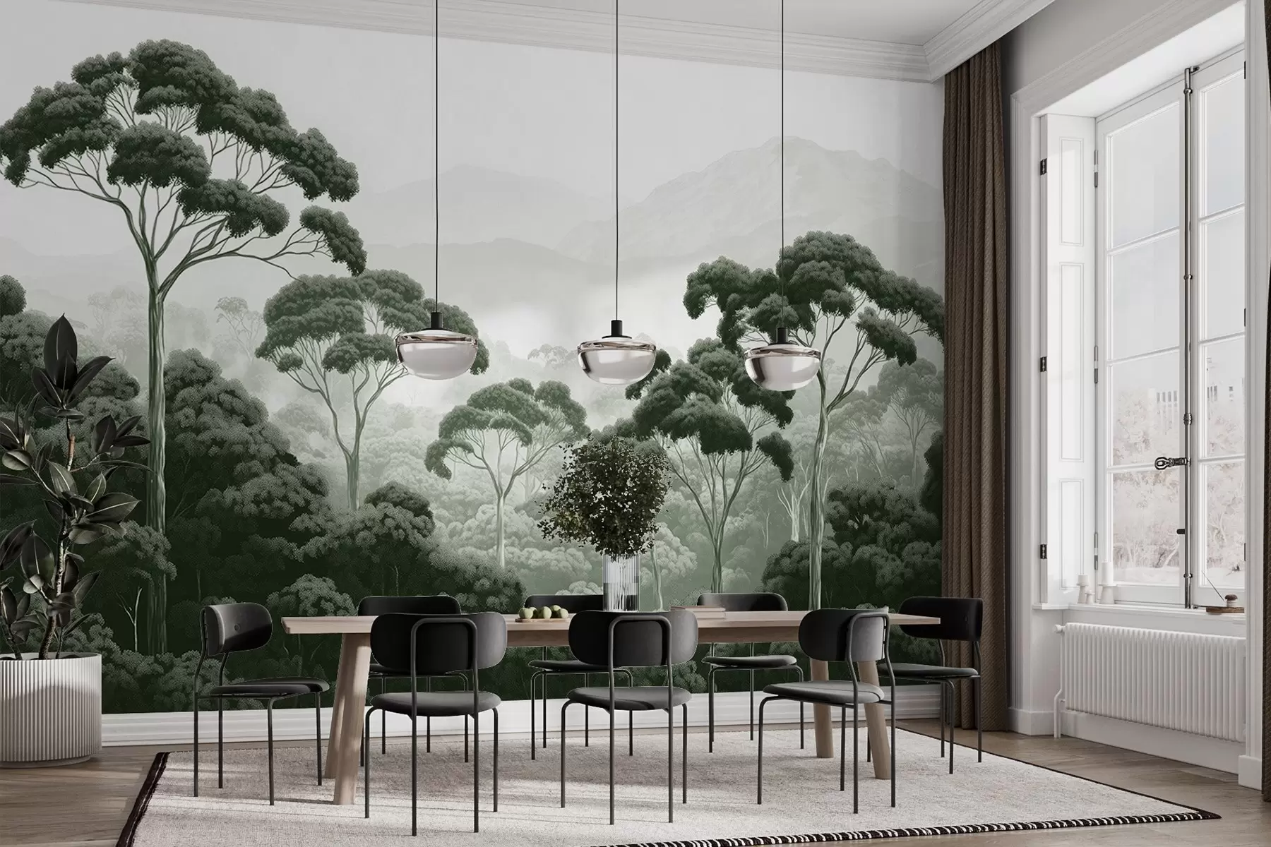 murais de parede Floresta na selva, montanhas, tropical, natureza, árvores grandes, cores verde-escuras w02739v1