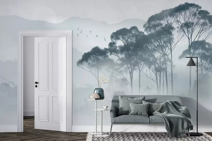 murais de parede Árvores na neblina, paisagens naturais, pássaros, sol, cores azuis w02740v1