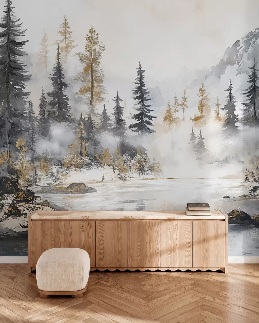 murais de parede Paisagem de inverno com lago e floresta, montanhas, estilo pastel darwing w02741