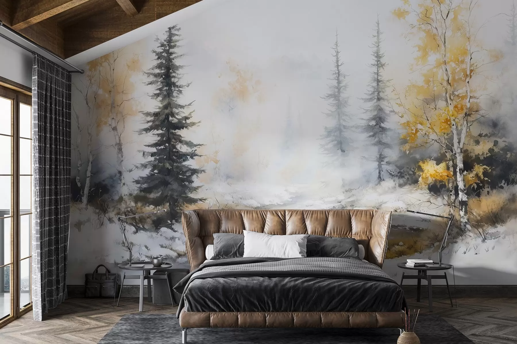 murais de parede Floresta de inverno, bétulas, pinheiros, rio, neblina, cores pastéis w02742