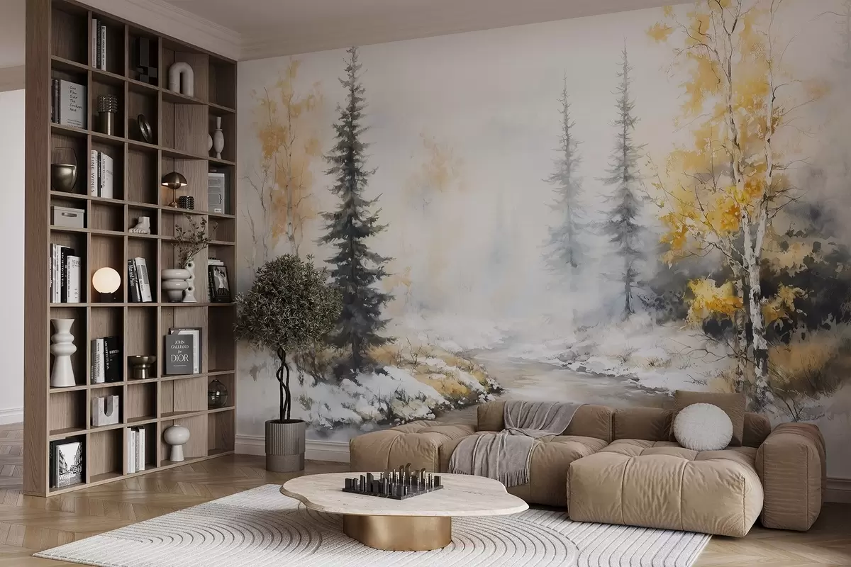 murais de parede Floresta de inverno, bétulas, pinheiros, rio, neblina, cores pastéis w02742