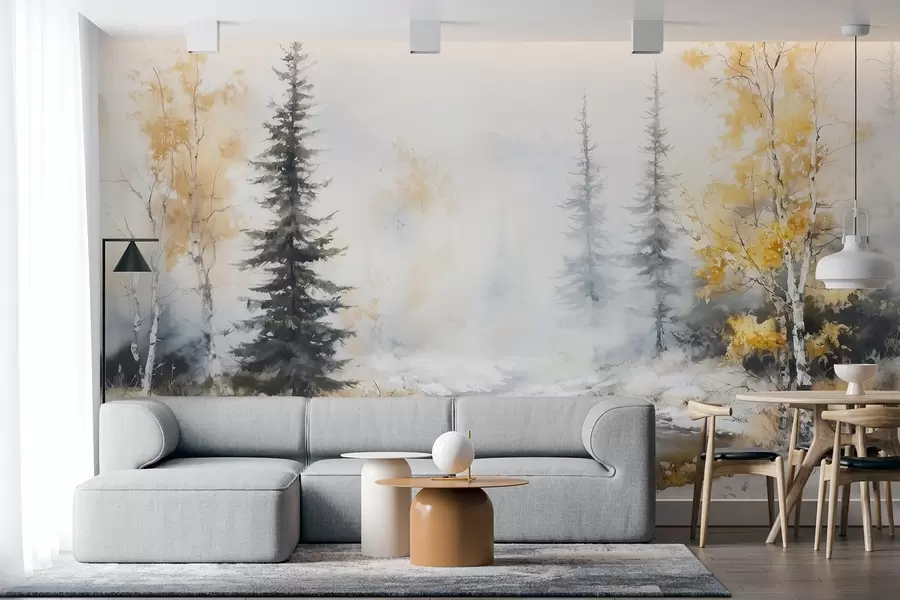 murais de parede Floresta de inverno, bétulas, pinheiros, rio, neblina, cores pastéis w02742
