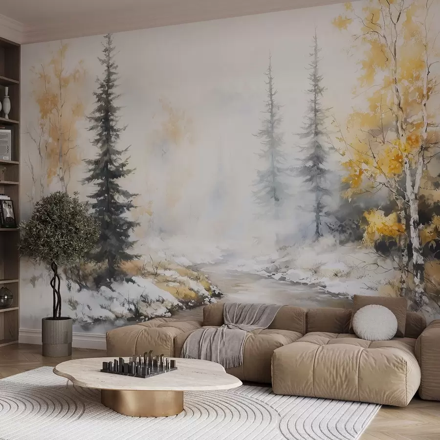 murais de parede Floresta de inverno, bétulas, pinheiros, rio, neblina, cores pastéis w02742