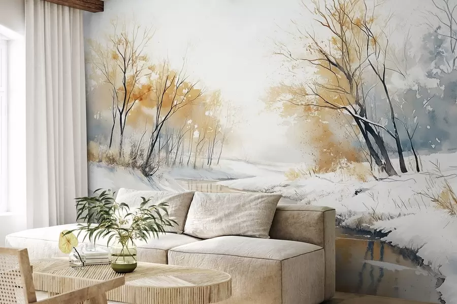 murais de parede Paisagem de inverno de rio com floresta, desenho em estilo aquarela w02743