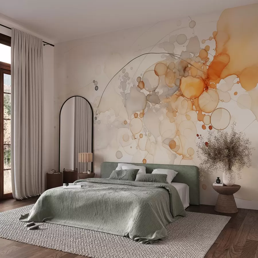 murais de parede Arte abstrata fluida, estilo aquarela, cores laranja e bege w02746