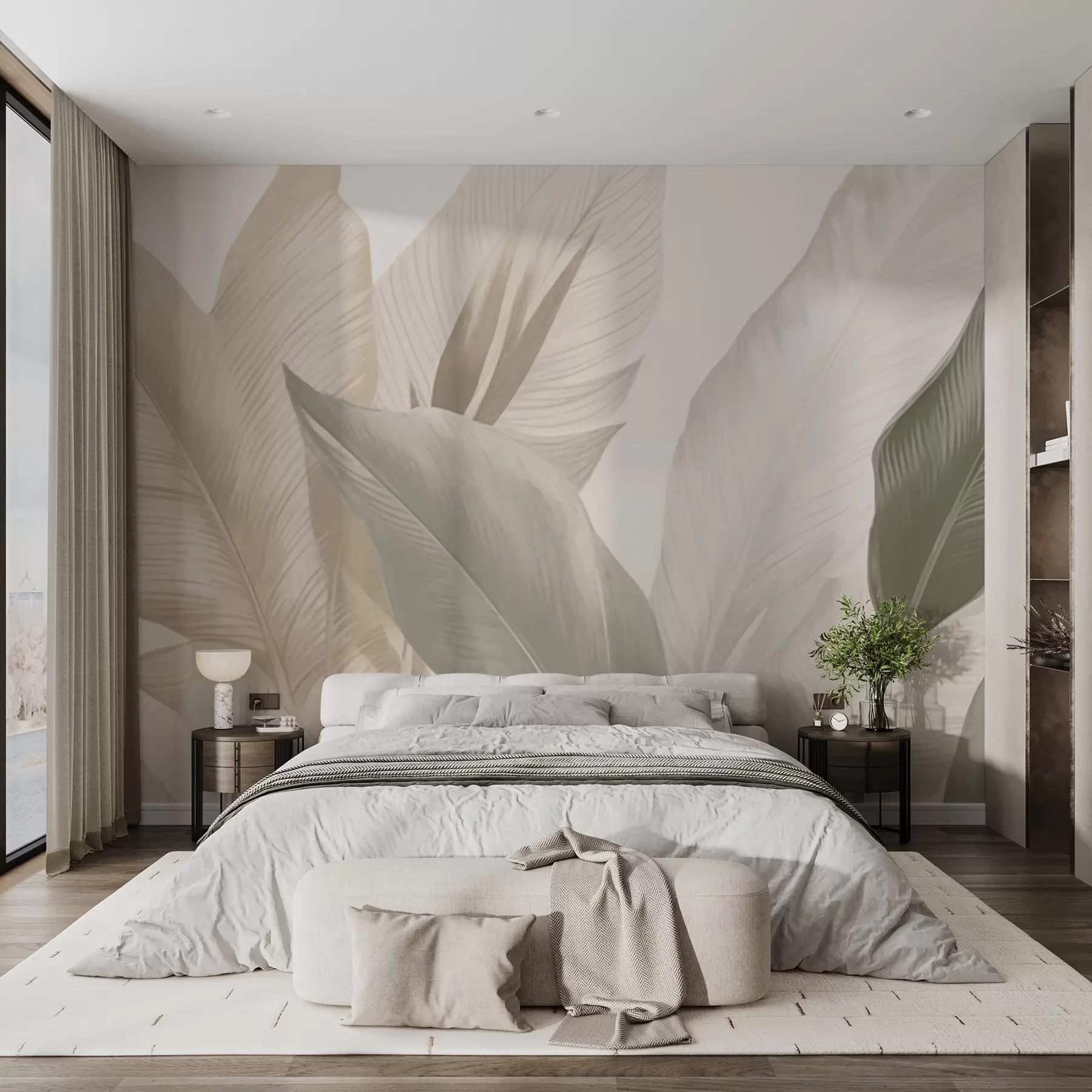 murais de parede Folhas tropicais em tons suaves de bege e verde, com um efeito de aquarela e transições suaves de cores. w02854