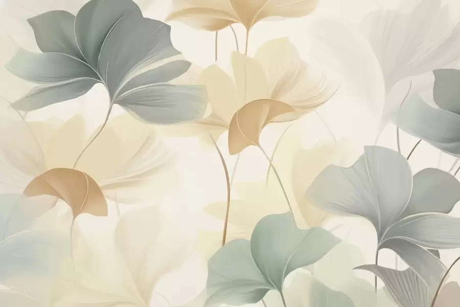 murais de parede Padrão de folhas de ginkgo em tons pastéis suaves, misturando tons de verde, amarelo e creme para criar uma sensação leve e arejada w02855
