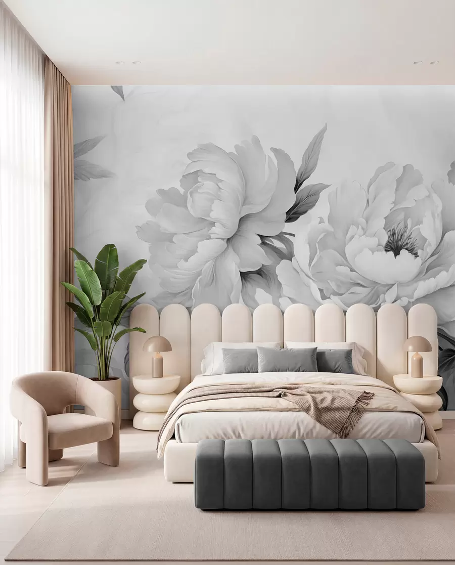 murais de parede Peônias luxuosas em tons de cinza, com detalhes delicados de pétalas e folhas, criando uma atmosfera elegante e serena w02856