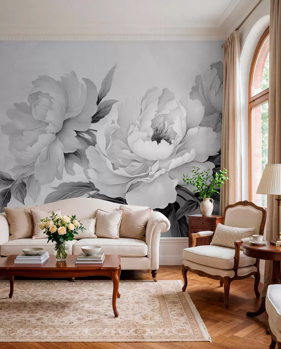 murais de parede Peônias luxuosas em tons de cinza, com detalhes delicados de pétalas e folhas, criando uma atmosfera elegante e serena w02856