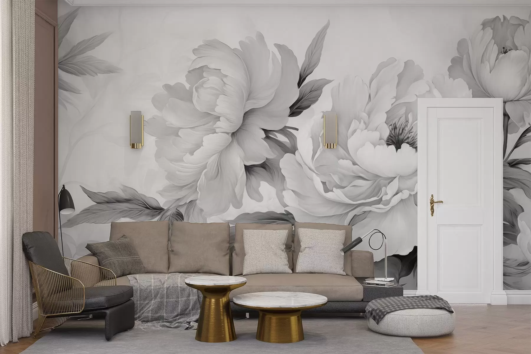 murais de parede Peônias luxuosas em tons de cinza, com detalhes delicados de pétalas e folhas, criando uma atmosfera elegante e serena w02856