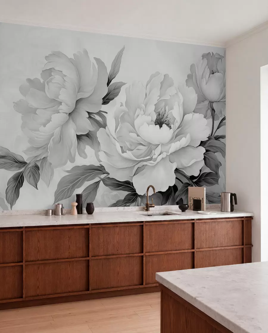 murais de parede Peônias luxuosas em tons de cinza, com detalhes delicados de pétalas e folhas, criando uma atmosfera elegante e serena w02856