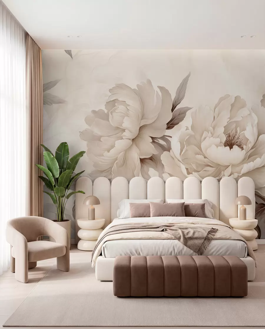 murais de parede Peônias delicadas em tons de bege cremoso, com detalhes refinados de pétalas e folhas, criando um ambiente acolhedor e sofisticado w02856v1