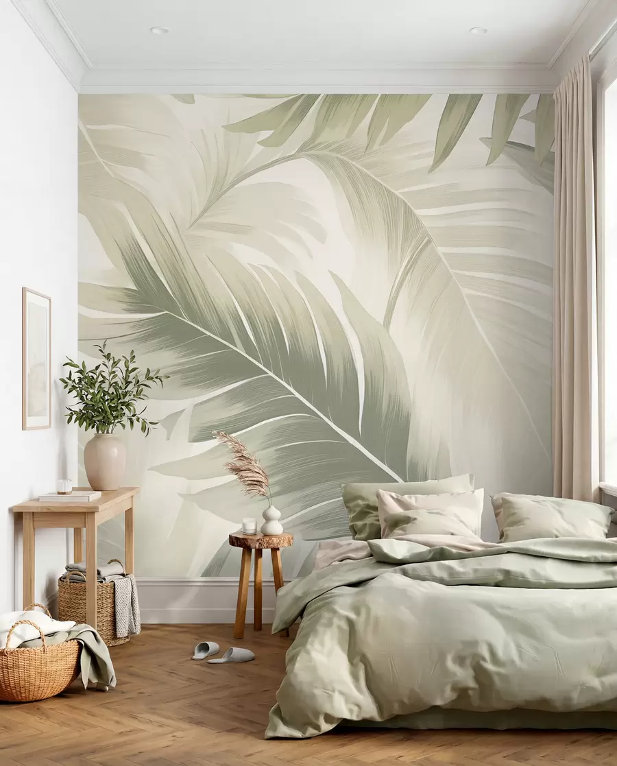 murais de parede Padrão de grandes folhas tropicais em tons suaves de verde e bege, com gradientes suaves e detalhes de textura delicados w02858