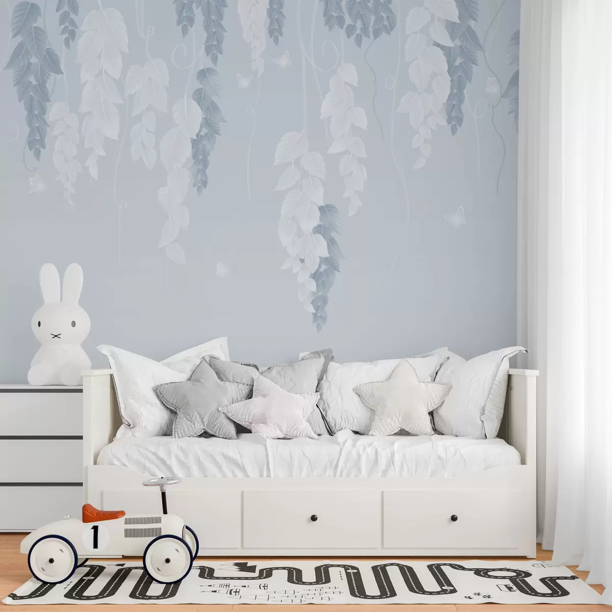 murais de parede Folhas penduradas e borboletas em azul w02655v1