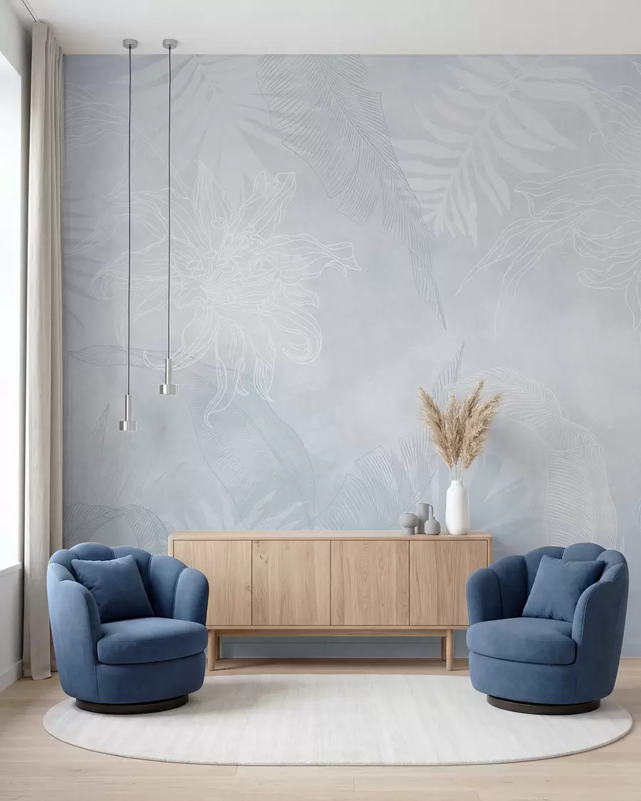 murais de parede Folhagem tropical com efeito grunge e uma tonalidade azul w02737v3