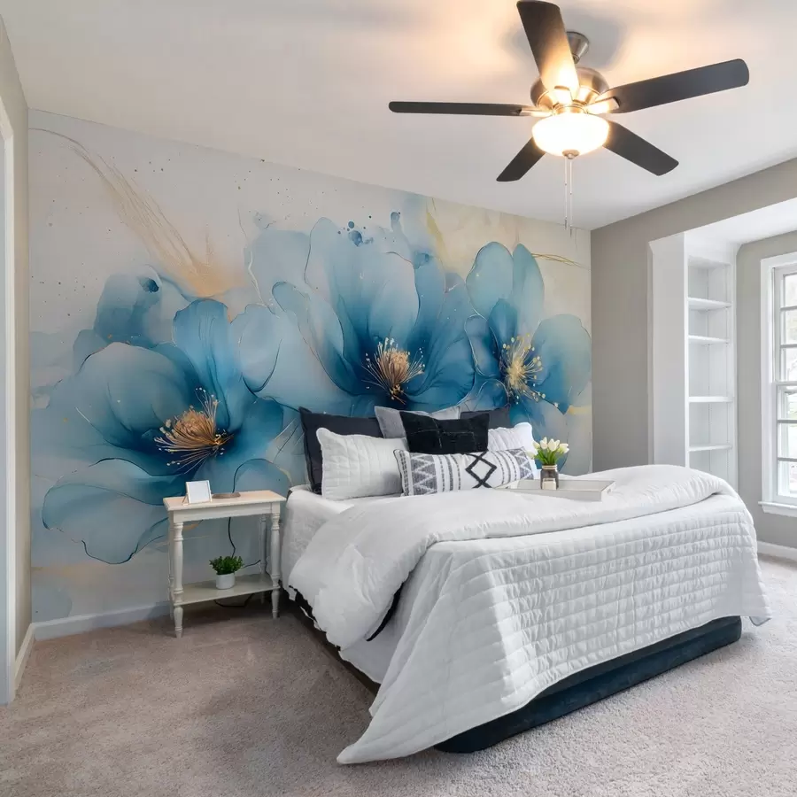 murais de parede Pintura floral sonhadora com flores azuis grandes e delicadas w02769