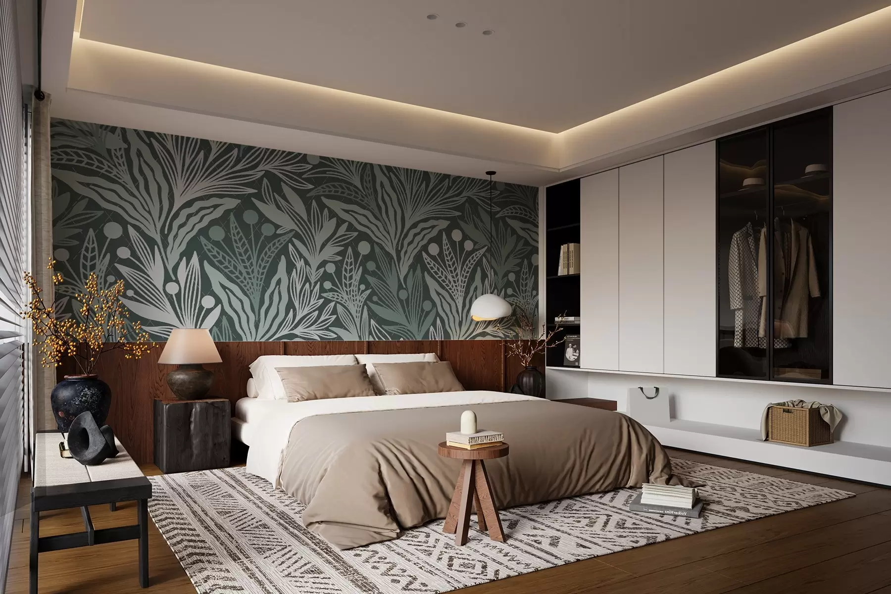 murais de parede Folhas gráficas delicadas com acabamento verde w02783