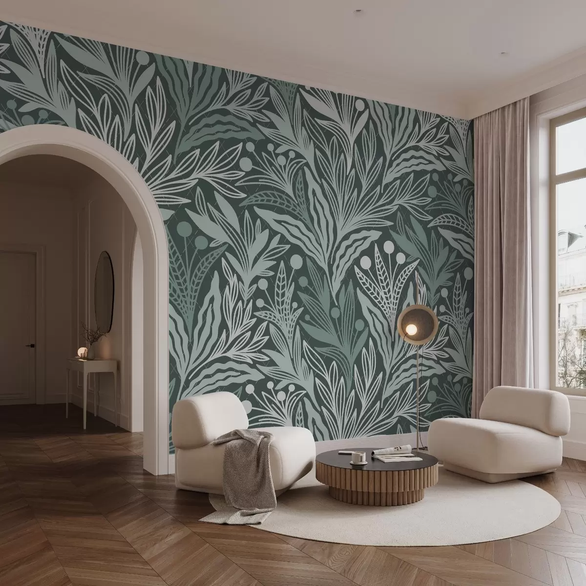 murais de parede Folhas gráficas delicadas com acabamento verde w02783