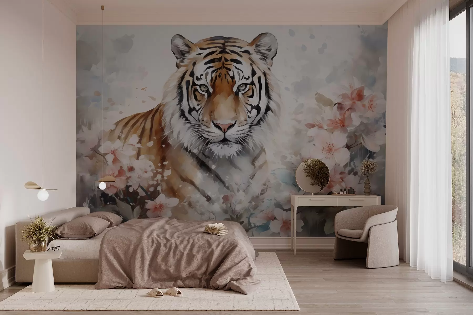 murais de parede Tigre abstrato em flores imitação de aquarela w02892