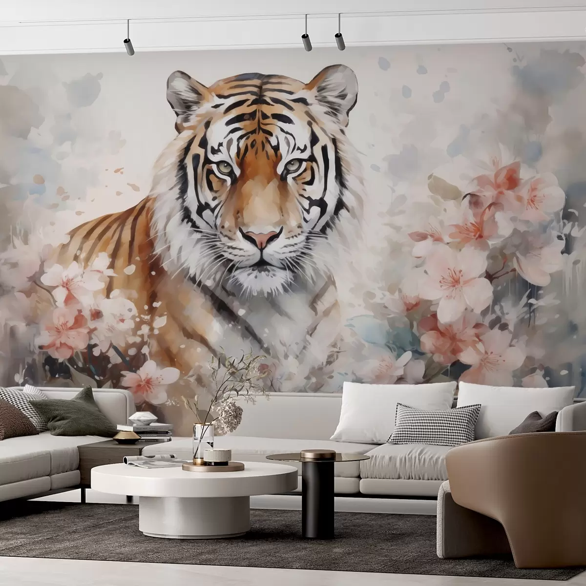murais de parede Tigre abstrato em flores imitação de aquarela w02892