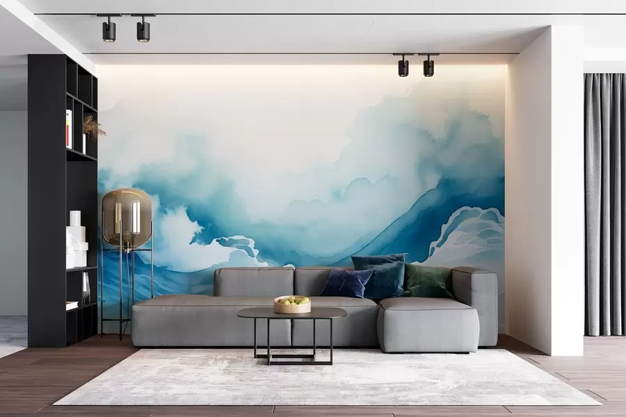 murais de parede Ondas do oceano em estilo aquarela em tons de azul w08655