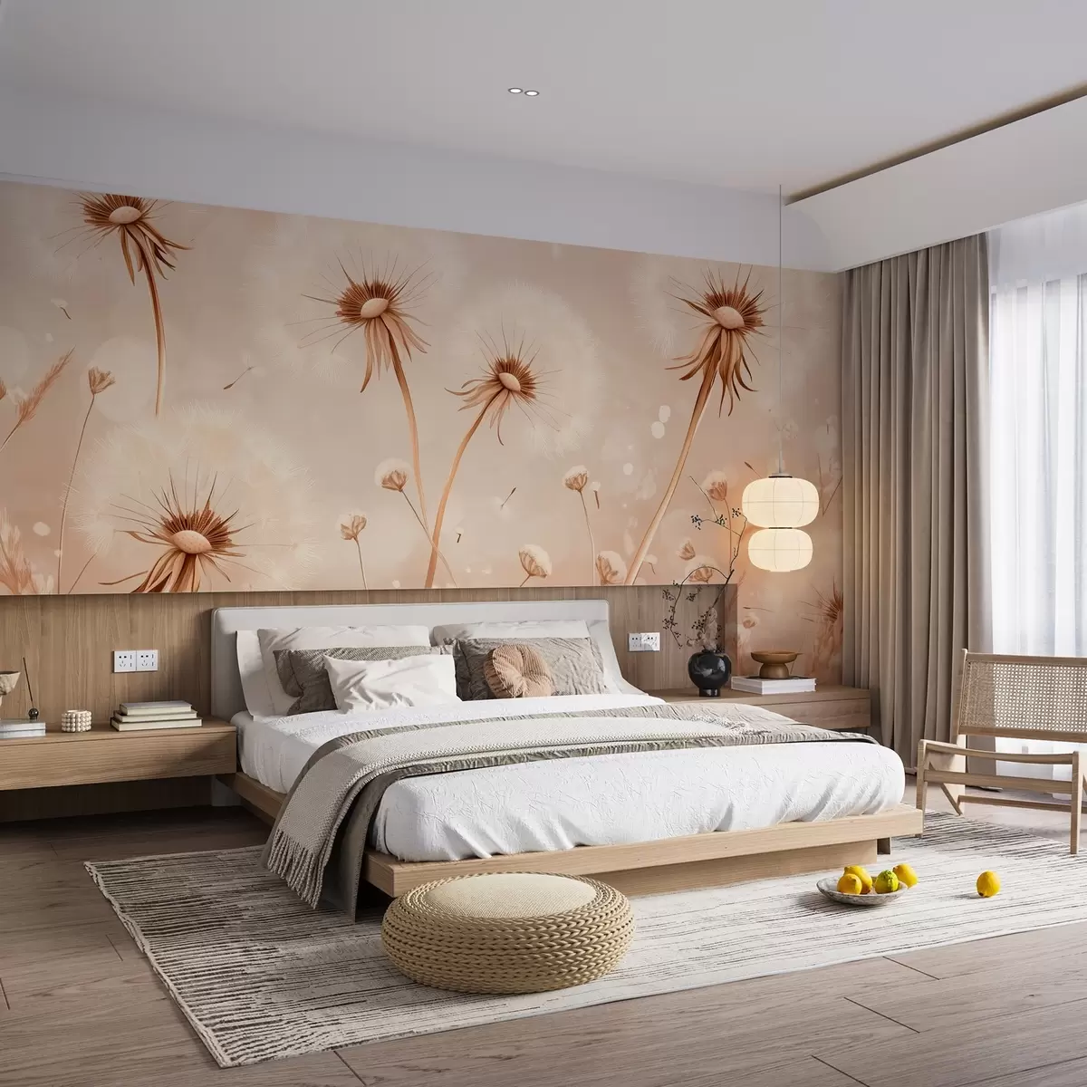 murais de parede Dentes-de-leão e flores silvestres elegantes em estilo de pintura em tons quentes w08657